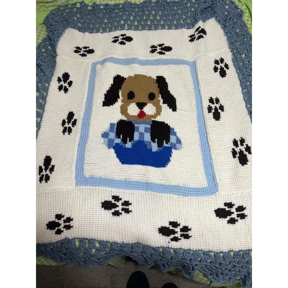 Crochet Blue White Brown Baby Blanket Afghan Handmade‎ Puppy Dog 50x60